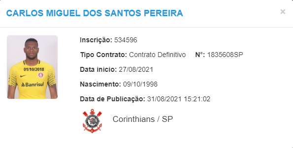 Carlos Miguel j esta no BID e pode ser relacionado para jogos do profissional do Corinthians