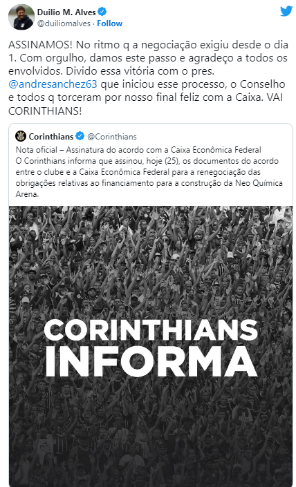 Presidente do Corinthians Duilio Monteiro Alves e  conta oficial do Corinthians no Twitter confirmando acordo